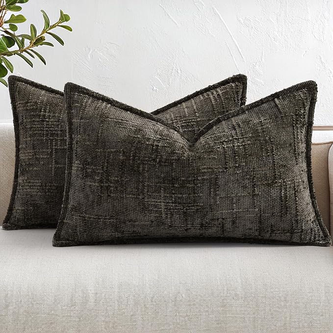 decorUhome Chenille Throw Pillow Covers 12x20 Set of 2,Chocolate | Soft Texture, Slubby Modern Design, Flange Edges, Cozy Lumbar Accent Pillow Covers for Couch, Sofa, Bed, Living Room