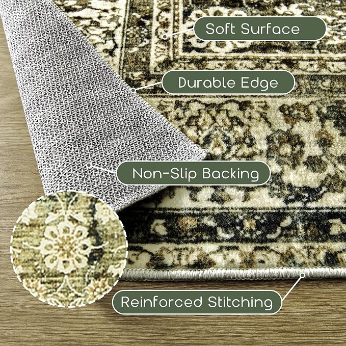 BILEEHOME Olive and Tan Rug for Bedroom Neutral Boho Farmhouse Floral Distressed Style Carpet Washable Soft Non Slip Area Rugs for Living Room Home Office,5x8