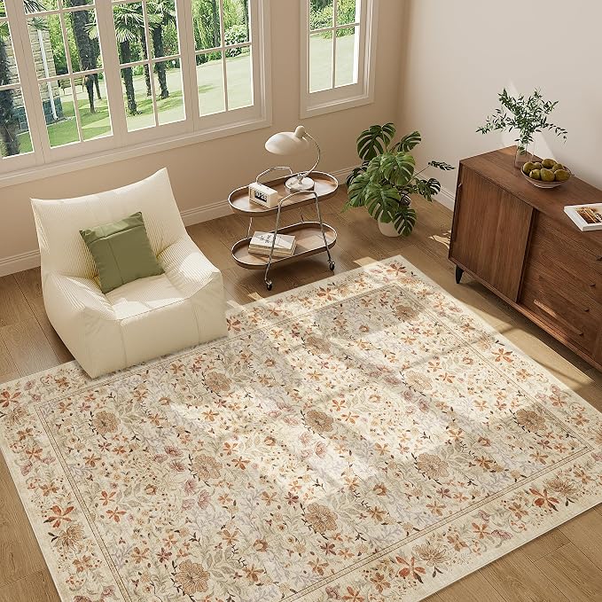 DUKINO 5x7 Area Rugs, Vintage Floral Washable Rug for Living Room, Beige | Non Slip, Low Pile, Soft, Lightweight, Boho Indoor Carpet for Bedroom, Office, Dining Room, Dorm Room, Farmhouse, Home Decor