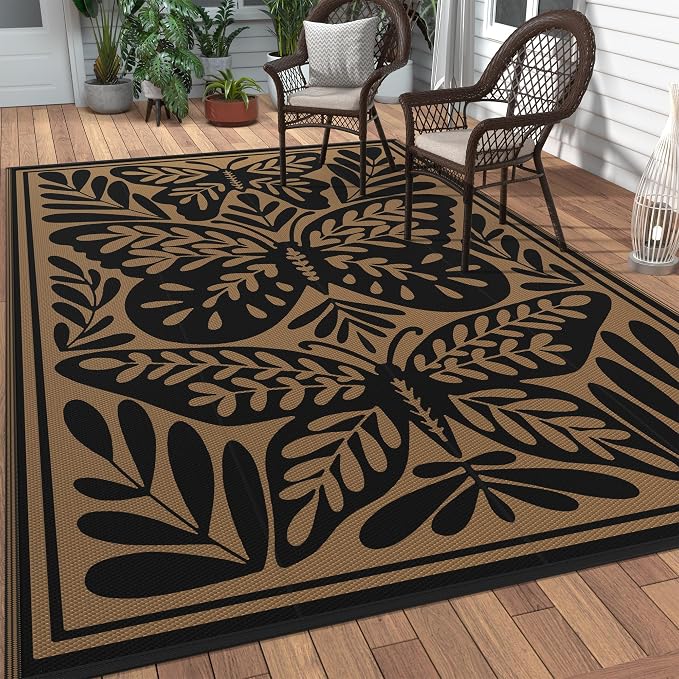 GENIMO Outdoor Rug, Waterproof Plastic Rugs for Patio, 6'x9' Black | Outside Larger Leaf Carpet Mat for Porch Decor, Deck, Balcony, Camping, RV, Backyard, Picnic, Beach, Reversible, Foldable