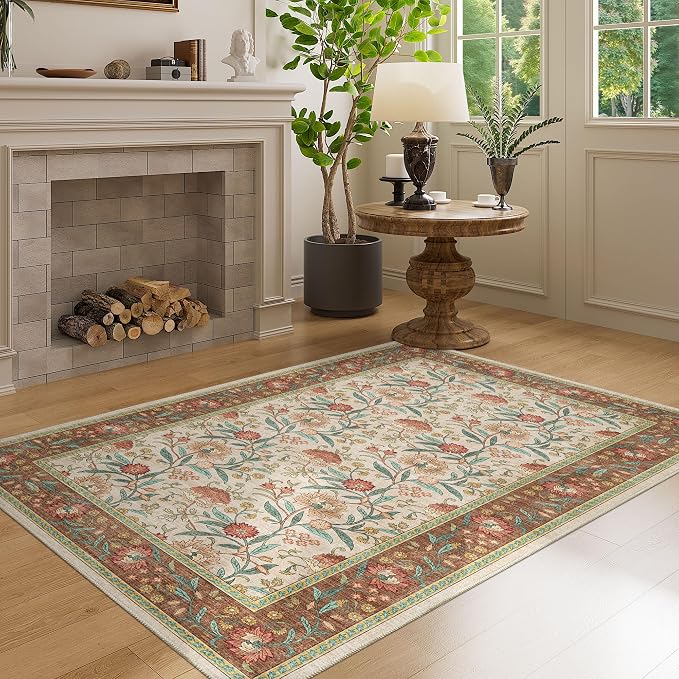 DUKINO 3x5 Rug, Washable Vintage Floral Bedroom Area Rug Non Slip, Brown | Low Pile, Non-Shedding, Stain Resistant Boho Lightweight Soft Indoor Carpet for Bathroom Office Dining Living Room Farmhouse
