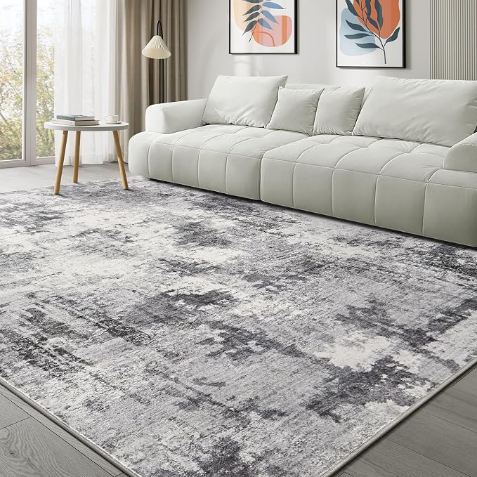 Abstract 7x9 Area Rug: Machine Washable Non Slip Ultra Thin Low-Pile Carpet, Soft Stain Resistant for Living Room Bedroom Nursery, Kid Pet Friendly, Robot Vacuum Compatible - Grey