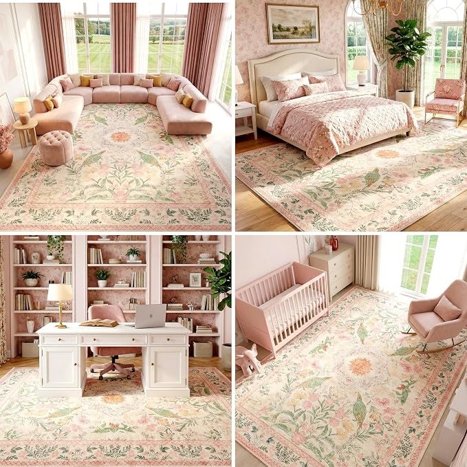 Washable Floral Bird Area Rug, 0.3" Low Pile Non-Slip Rug, Cotton-Backed Silicone Grip, Water Resistant Faux Wool Carpet for Nursery Bedroom Living Room, 9'x12', Cream/Pink/Sage