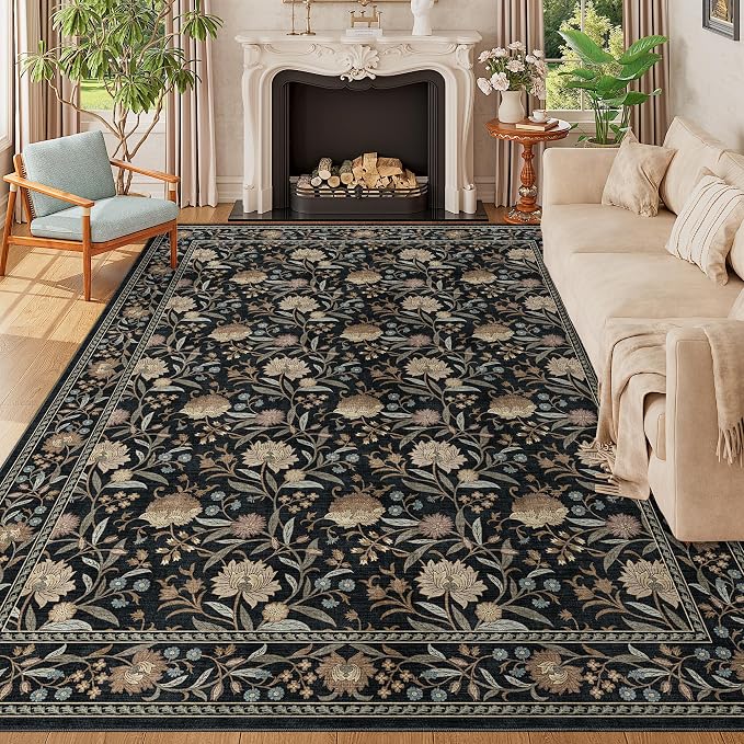 DUKINO 9x12 Area Rug for Living Room, Vintage Floral Washable Rug, Black | Non Slip, Low Pile, Non-Shedding, Stain Resistant, Aesthetic Soft Indoor Large Carpet for Bedroom Dining Room Farmhouse