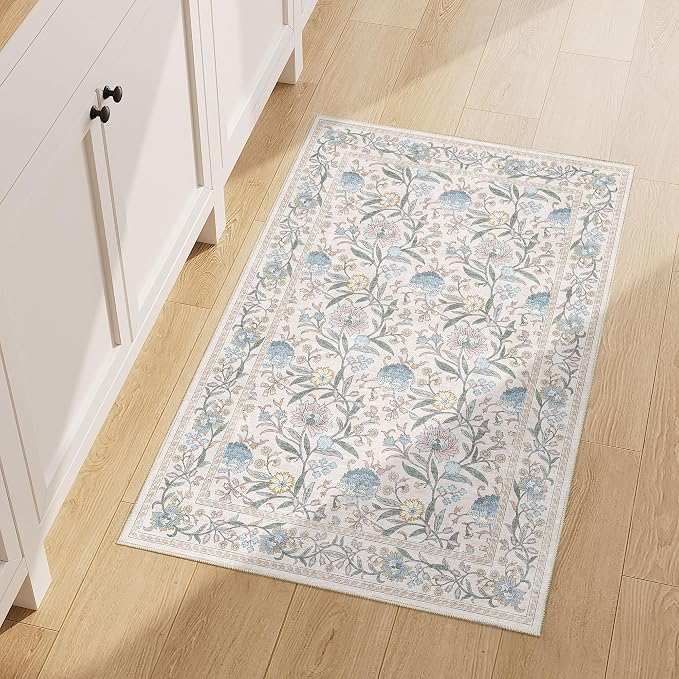 DUKINO 2x3 Rug, Washable Vintage Floral Bathroom Rugs Non Slip, Cream Blue | Low Pile, Stain Resistant Boho Soft Indoor Door Mat, Small Front Door Carpet for Entryway Kitchen Laundry Bedroom Farmhouse