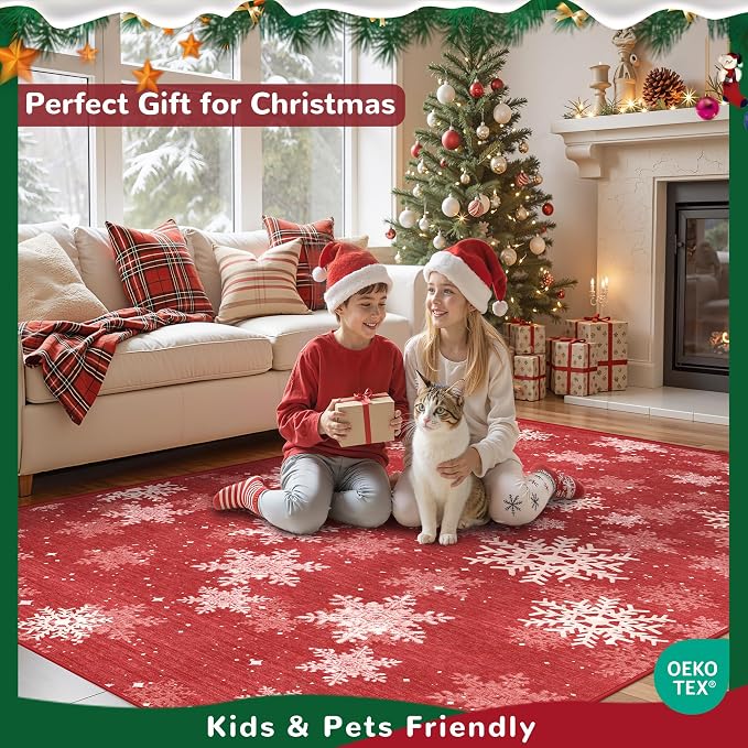 2x3 Christmas Doormat for Entryway, Washable Christmas Rugs Bathroom，Snowflake Front Porch Runner Rug，Non-Slip Red and White Christmas Decor Indoor(2'x3', Red/White)