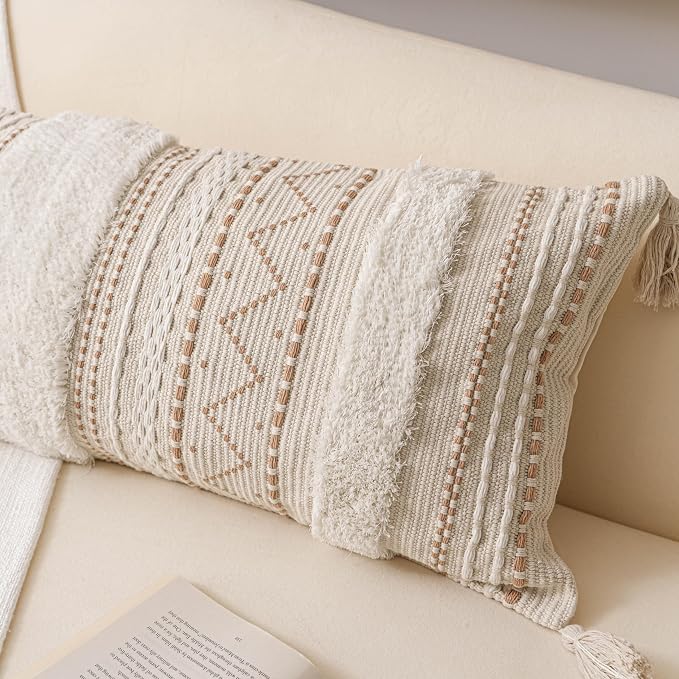 BlissBlush 12x20 Lumbar Pillow Cover, Cream Neutral Beige Rectangular Decorative Cushion Cover, Boho Accent Pillowcase with Tufted Details and Tassels for Couch Sofa Living Room (Cover Only)