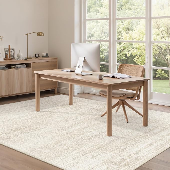 Soalmost 5x7 Area Rugs for Living Room, Washable Soft Rug Beige/Cream | Non-Slip Low Pile Natural Vintage Floral Rug Throw Carpet for Dining Room Bedroom Home Office Nursery 5'x7'