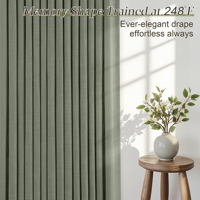 Sage Green Pinch Pleated Linen Curtains 108 Inches Long for Living Room Bedroom with Rings Hooks Clips Back Tab Semi Sheer Curtains Light Filtering Boho Farmhouse Drapes Light Green