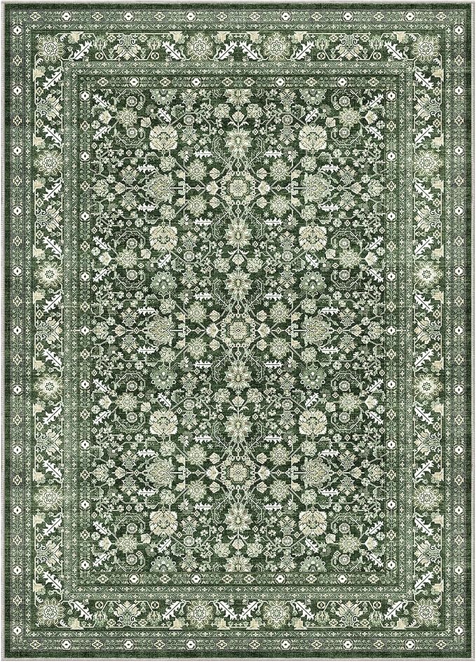OPPODREAM Low-Pile Area Rugs, Faux Wool Carpet for Living Room, Kitchen, Office, Dorm, Bedroom, Vintage Washable Rug Non Slip, Dark Green, 5'x7'