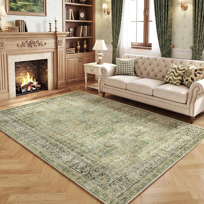 Beauoop 5x7 Washable Green Vintage Retro Large Area Rug for Living Room | Distressed Oriental Traditional Faded Non Slip Low Pile Thin Soft Indoor Throw Rug Pattern Bedroom Dining Room Office Nursery