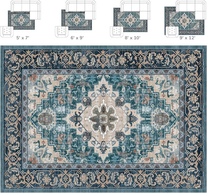 Lessymo Area Rug 6x9, Machine Washable Area Rugs, Super Soft Faux-Wool Area Rugs for Living Room Bedroom Kitchen, Boho Vintage Floral, Non-Slip Low Pile, Kid & Pet Friendly, Dark Green
