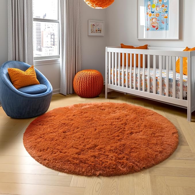 Amdrebio Burnt Orange Large Round Rugs 7Ft for Living Room Bedroom, Shaggy Plush Fuzzy Furry Circle Area Rugs for Kids Room Decor Aesthetic, Fluffy Shag Dark Orange Carpet for Nursery Dorm Classroom