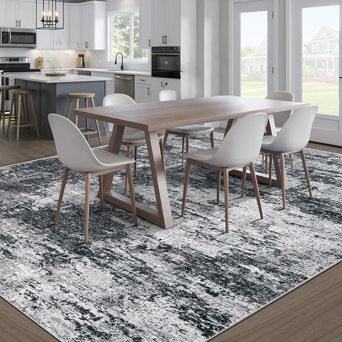 pmtsns Area Rugs 9x12 for Living Room: Washable Rug Modern Abstract Neutral Soft Non-Slip Low-Pile Indoor Large Carpet for Bedroom Dining Room Playroom Home Office (Black Grey, 9'x12')