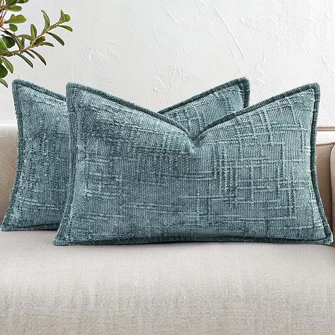 decorUhome Chenille Decorative Throw Pillow Covers 12x20 Set of 2,Teal | Soft Texture, Slubby Modern Design, Flange Edges, Cozy Lumbar Accent Pillow Covers for Couch, Sofa, Bed, Living Room