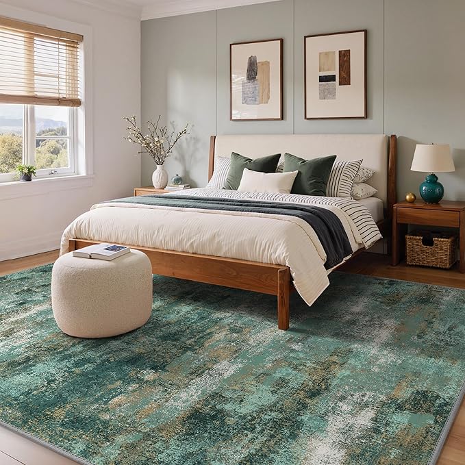 GENIMO Area Rug 8x10 Washable Large Modern Rug Abstract, Low Pile Lightweight Soft Carpet Non Slip for Living Room, Bedroom, Dining Room, Teal Blue Green Orange Turquoise Colorful Rugs