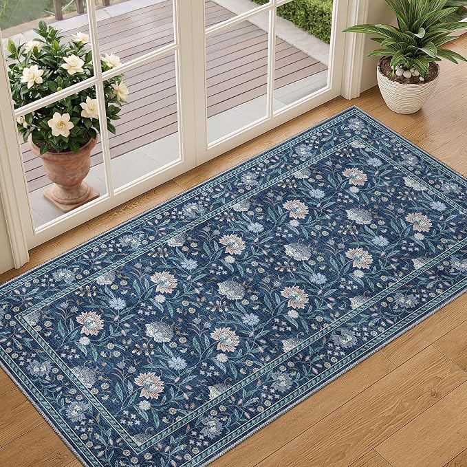DUKINO 2x4 Rug, Washable Vintage Floral Entryway Rug Non Slip, Dark Blue | Low Pile, Non-Shedding, Stain Resistant Boho Lightweight Soft Indoor Carpet for Kitchen Bathroom Hallway Laundry Farmhouse