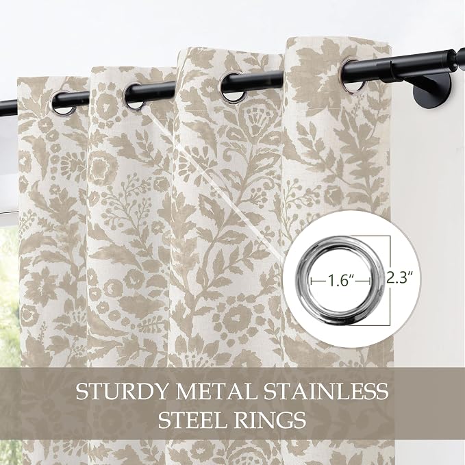 DriftAway Julia 100% Blackout Curtains Grommet 2 Panels, W52xL96, Beige | Floral Curtains, Bedroom, Living Room, Linen Blend, Watercolor Pattern, 2 Layers, Thermal Insulated, Window Treatment
