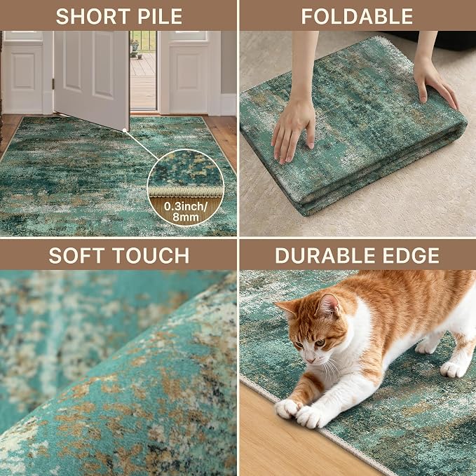 GENIMO Runner Rug Non Slip 2'6"x8', Washable Rug Runner for Hallways Kitchen, Abstract Modern Kitchen Rugs, Low Pile Lightweight Carpet Runners for Entryway, Bedroom, Laundry, Turquoise