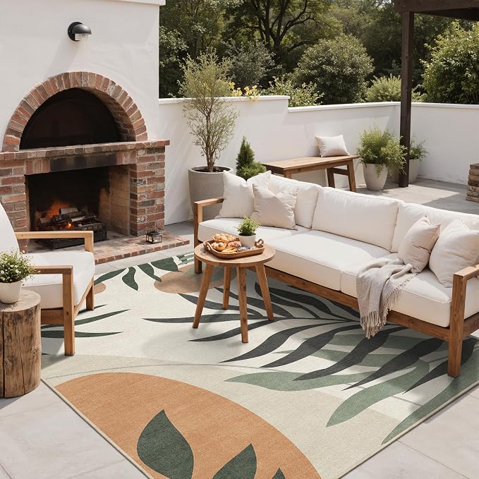 GENIMO 6x9 Outdoor Rug, Washable for Patio and Deck, Beige Olive | Botanical leaf design for dining area; fade resistant chenille with quick-dry non-slip backing for indoor sunroom.