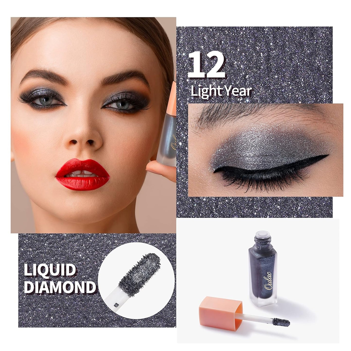 Oulac Liquid Glitter Eyeshadow - Black Shimmer Eyeshadow & Liquid Eyeliner - Non-sticky One-Swipe Coverage with Quick-Drying Crease-resistant Formula. Vegan & Cruelty-Free (12)