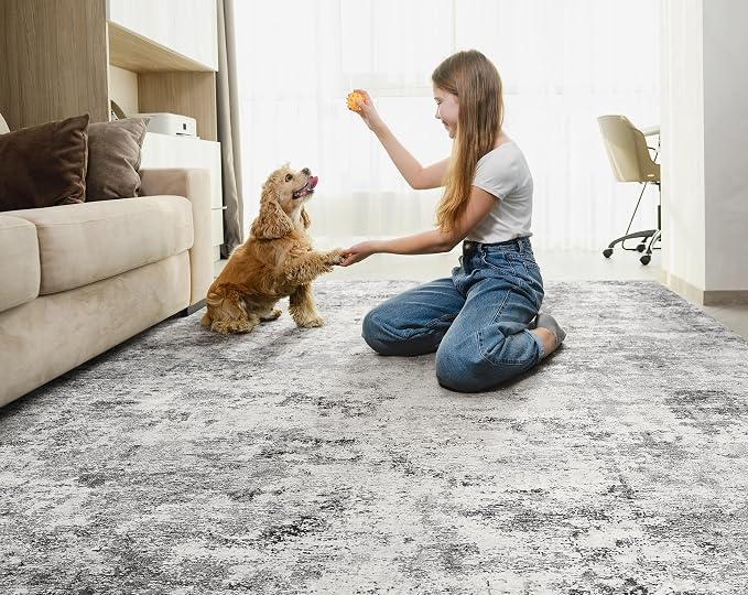 UERMEI 6x9 Washable Area Rug - Neutral Modern Abstract Living Room Rugs, Non-Slip Soft Large Indoor Floor Carpet for Bedroom Home Office & Under Dining Table Decor, Grey