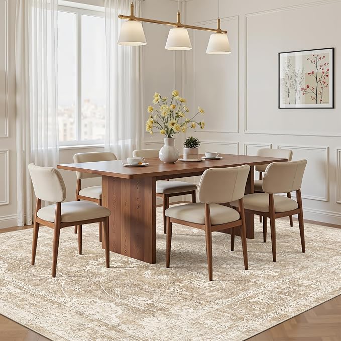 Madane Washable 7x9 Area Rugs for Living Room, Vintage Natural Rug with Non-Slip Backing, Soft Stain Resistant Throw Rugs Thin Carpet for Bedroom Dining Room Farmhouse (7 x 9, Beige/Brown)