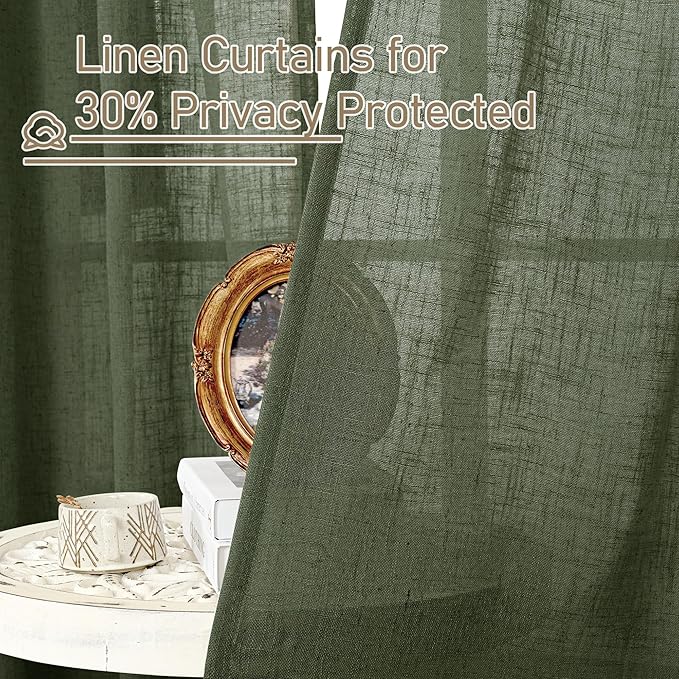 LAMIT Linen Semi Sheer Curtains 48 Inch for Bedroom, Light Filtering Neutral Window Curtains Farmhouse Boho Back Tab and Rod Pocket Panels, Olive Green, 2 Panels, 52 x 48 Inch