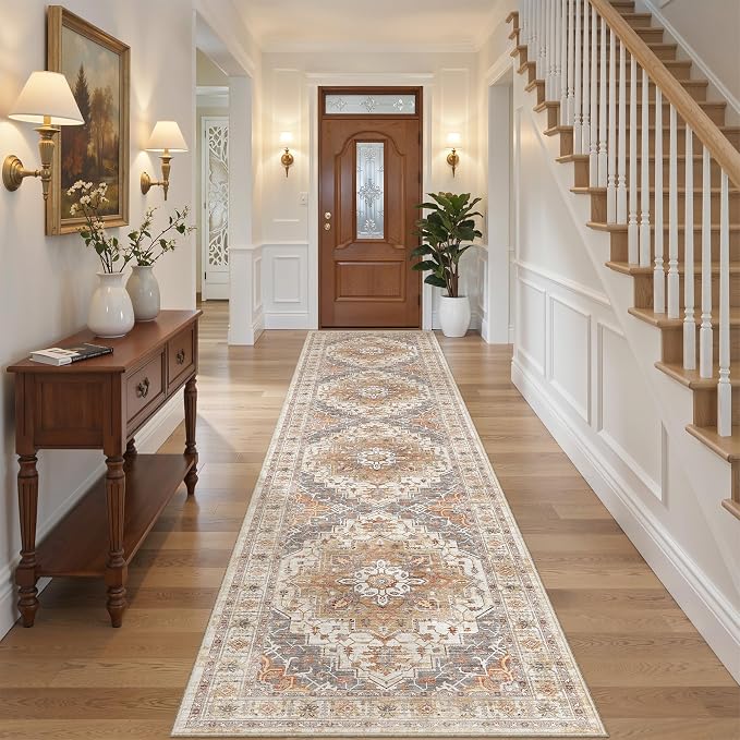 2'6" x 12'Non Slip Runner Rugs - Runners for hallways, Kitchen,Entryway,Stain Resistant Washable Rugs for Bedroom, Indoor Vintage Area Rugs (Turmeric/Grey,2'6" x 12')