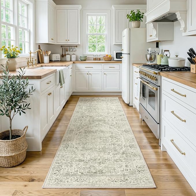 FMFUNCTEX 2x6 Runner Rug Green Neutral Washable Distressed Oriental Vintage Non Slip Low Pile Indoor Carpet Retro Hallway Entryway Rug for Kitchen Living Room Bedroom Bathroom Laundry Entry Bedside