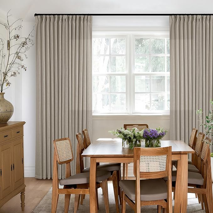 Pinch Pleated Linen Curtains 98 Inches Long for Living Room 2 Panels Set Greyish Beige Flax Double Pleated Drapes Back Tab Farmhouse Ceiling Floor 98 Inch Window Curtains Bedroom Burlywood Birch