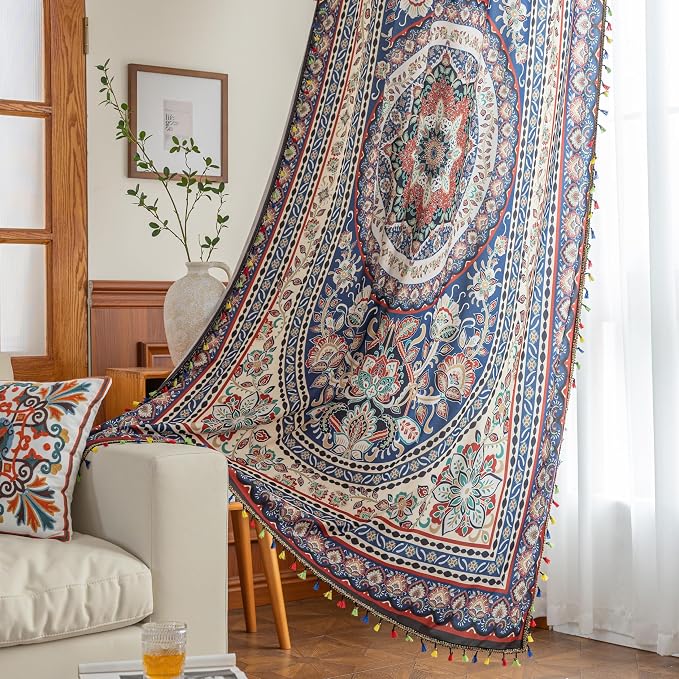 Multicolor Medallion Curtains 72 Inches Long, Boho Farmhouse Light Filtering Rod Pocket Drapes with Tassel Trim for Bedroom Living Room, 2 Panels