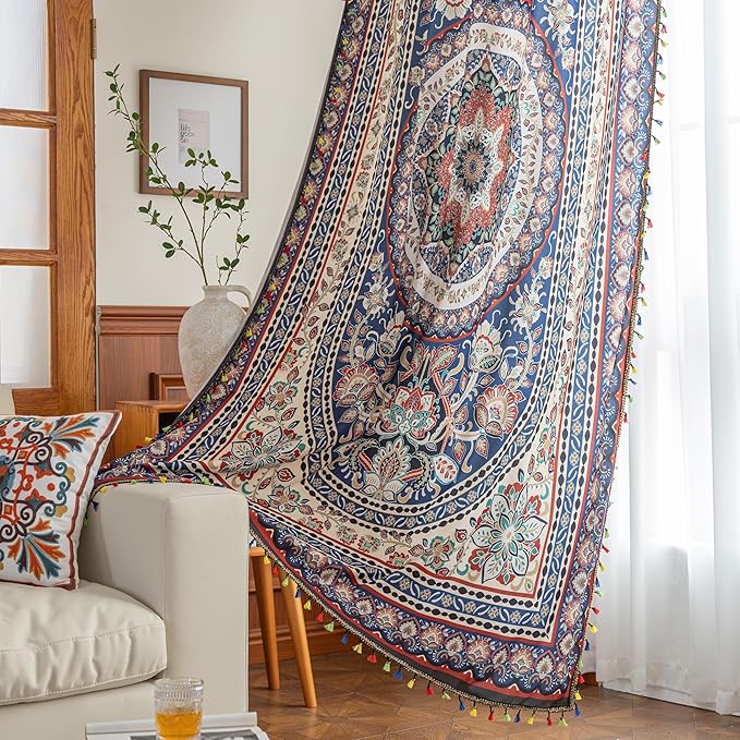 Multicolor Medallion Curtains 54 Inches Long, Boho Farmhouse Light Filtering Rod Pocket Drapes with Tassel Trim for Bedroom Living Room, 2 Panels