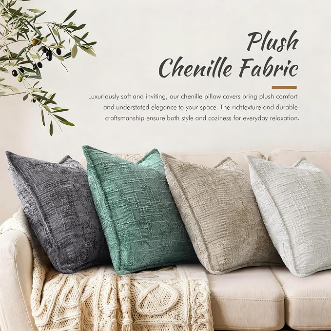 decorUhome Chenille Throw Pillow Covers 18x18 Set of 2, Thick Textured Slubby Neutral Decorative Pillow Covers with Elegant Design for Couch, Sofa, Living Room, Aqua