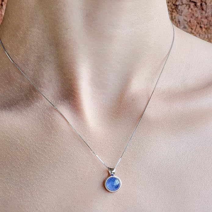 Natural gemstone 8mm round pendant with white gold over 925 sterling silver bezel cabochon plate and box chain, real genuine dainty birthstone gift for her, uniquelan jewelry