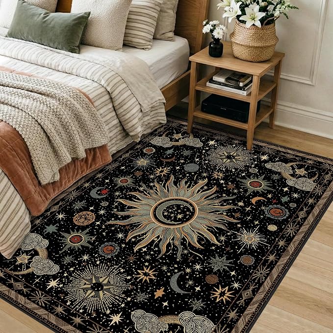 Vacuum-Friendly, 3x5 Washable Area Rug, Black Green Beige | Sun and Moon Boho Gothic Non-Slip Low Pile Living Roon Bedroom Dining Room Kitchen Entry Entryway Entrance Hallway Doormat