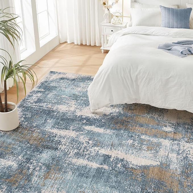 DMOYEST Area Rug Living Room Rugs - 9x12 Washable Large Soft Indoor Neutral Modern Abstract Low Pile Rug Carpet for Bedroom Dining Room Farmhouse Home Office - Blue Brown