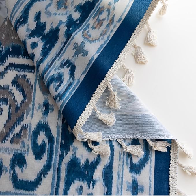 Blue Geometric Curtains 54 Inches Long, Boho Farmhouse Light Filtering Rod Pocket Drapes with Tassel Trim for Bedroom Living Room, 2 Panels