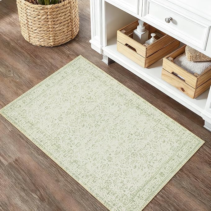 BILEEHOME Sage Green 2x3 Boho Rugs for Kitchen Bathroom Hallway Washbale Non Slip Front Door Rug Indoor Entrance Low Pile Light Green Area Rug for Bed Side Bedroom Floor Laundry Room 2 x 3
