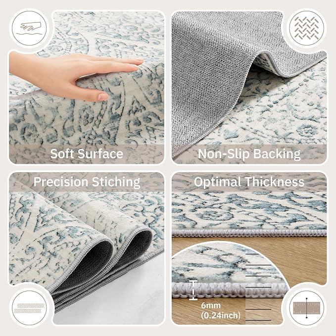 Soalmost 10x14 Area Rug for Living Room, Moroccan Trellis Washable Soft Rug | Stain Resistant Non-Slip Low Pile Natural Extra Large Carpet for Dining Room Bedroom Home Office Nursery Teal Blue, 10'x14'