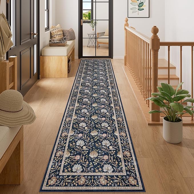 DUKINO 2x10 Runner Rug for Hallway, Washable Vintage Floral Rug, Navy Blue | Non Slip, Low Pile, Non-Shedding, Stain Resistant Soft Long Runner Carpet for Kitchen Bathroom Entryway Bedroom Farmhouse
