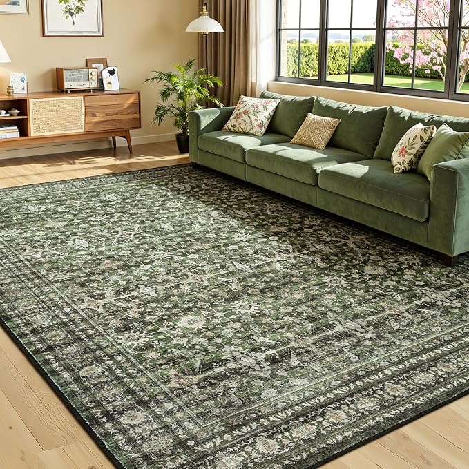 8x10 Area Rugs for Living Room, Vintage Washable Rugs, Soft Boho Non-Slip Low Pile Carpets, Large Area Rug for Dining Room Bedroom Farmhouse Home Indoor Nursery, Olive Green