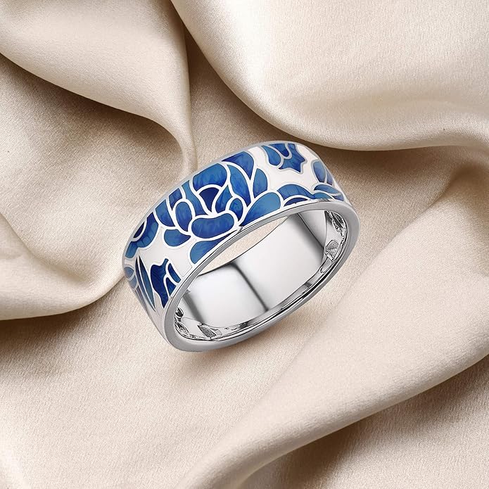 Santuzza 925 Sterling Silver Enamel Flower Pattern Ring for Women