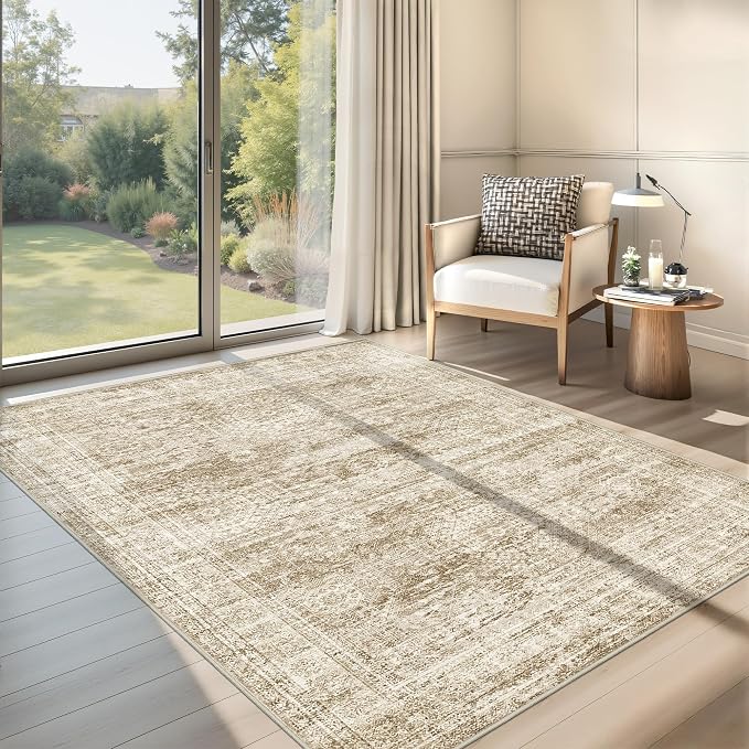 4x6 Area Rug for Entryway,Washable Kitchen Rug,Brown | Small Rug for Hallway,Bedroom,Living Room,Dining Room,Thin,Soft, Neutral Rug,Stain Resistant Indoor Carpet,Non Slip