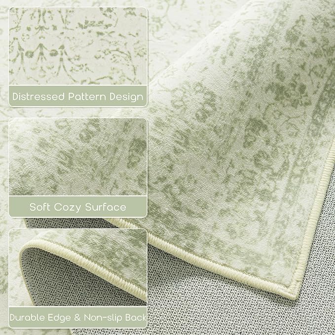 Sage Green 2x6 Runner Rug for Hallway Bathroom Washable Non Slip Vintage Boho Floral Long Runners Rugs for Entryway Indoor Bath Floor Kitchen Light Green Low Pile 2x6 Laundry Room Rug Runner