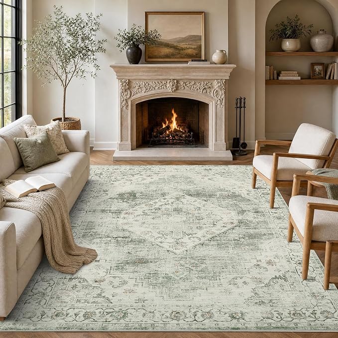 Garvee Sage Green Washable 5x7 Area Rugs Boho Vintage Non-Slip Low-Pile Stain Resistant Soft Rugs for Bedroom Living Room Nursery Home Office Kitchen Room Decor