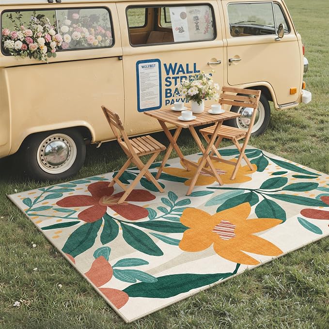 GENIMO 4x6 Outdoor Rug, Washable for Porch and Patio, Teal Orange | Floral design for balcony; fade resistant chenille with quick-dry non-slip backing for deck and indoor space