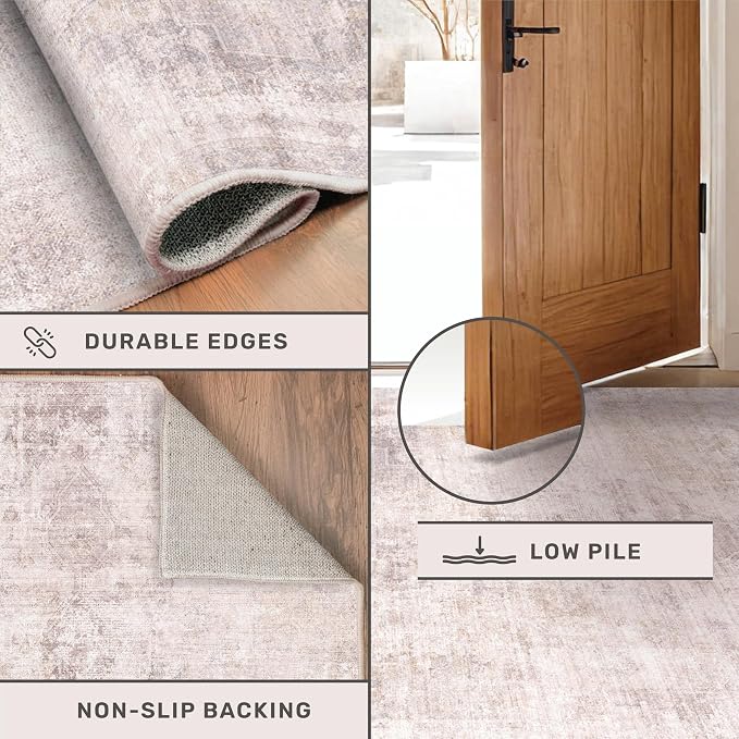 Washale Modern 7x9 Area Rugs for Bedroom, Pink and Grey Rug for Dinning Room Under Table,Living Room, Non Slip Low Pile Thin Floor Carpet