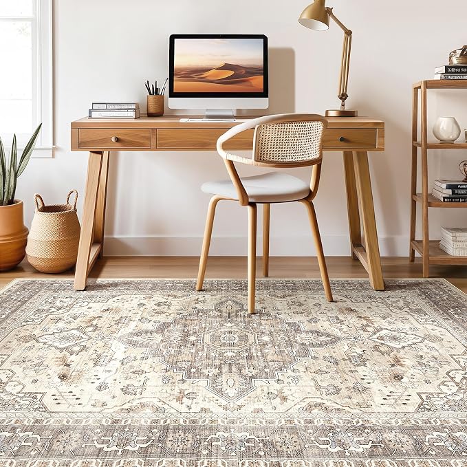 2x4 Rug Washable Runner Rug: Small Vintage Neutral Non-Slip Soft Accent Doormat Stain Resistant Floor Throw Mat for Entryway Kitchen Bedroom Nursery Entry Dorm- Brown