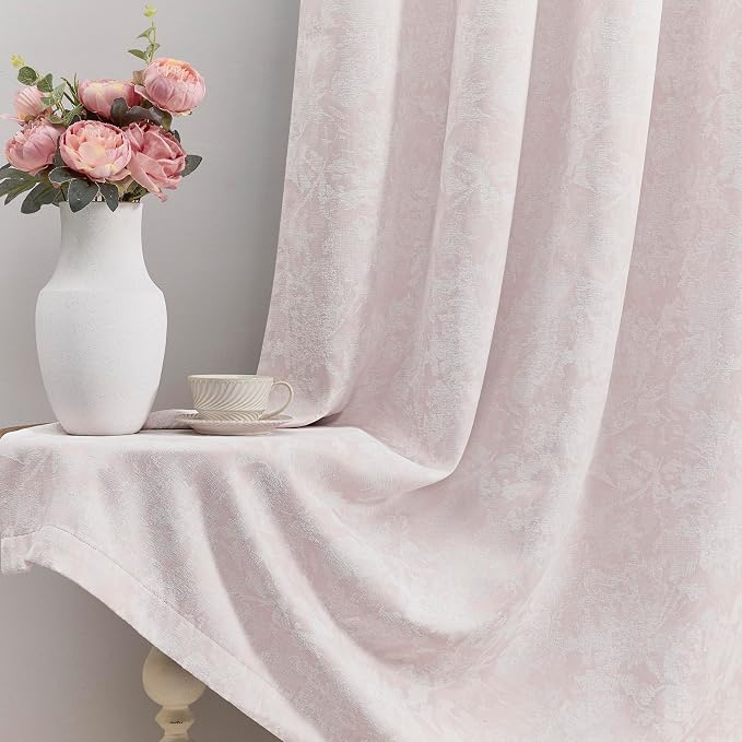 Beauoop Pink Floral Jacquard Blackout Curtains for Bedroom 52x72 2 Panels | Flower Chenille Room Darkening Drapes for Living Room 72 Inch Long Thermal Insulated Soundproof Window treatment Rod Pocket